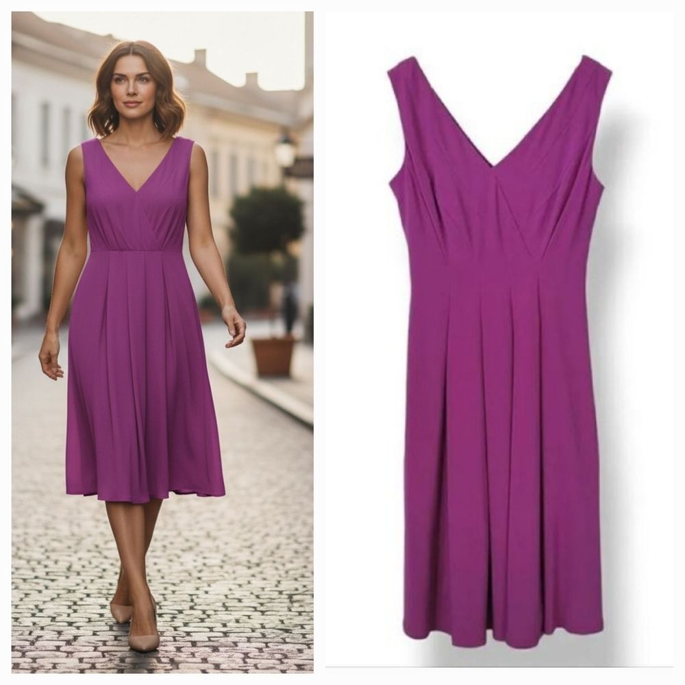 Jones New York V-Neck Pleated Bodice Fit and Flare Knee Length Purple Dress 6